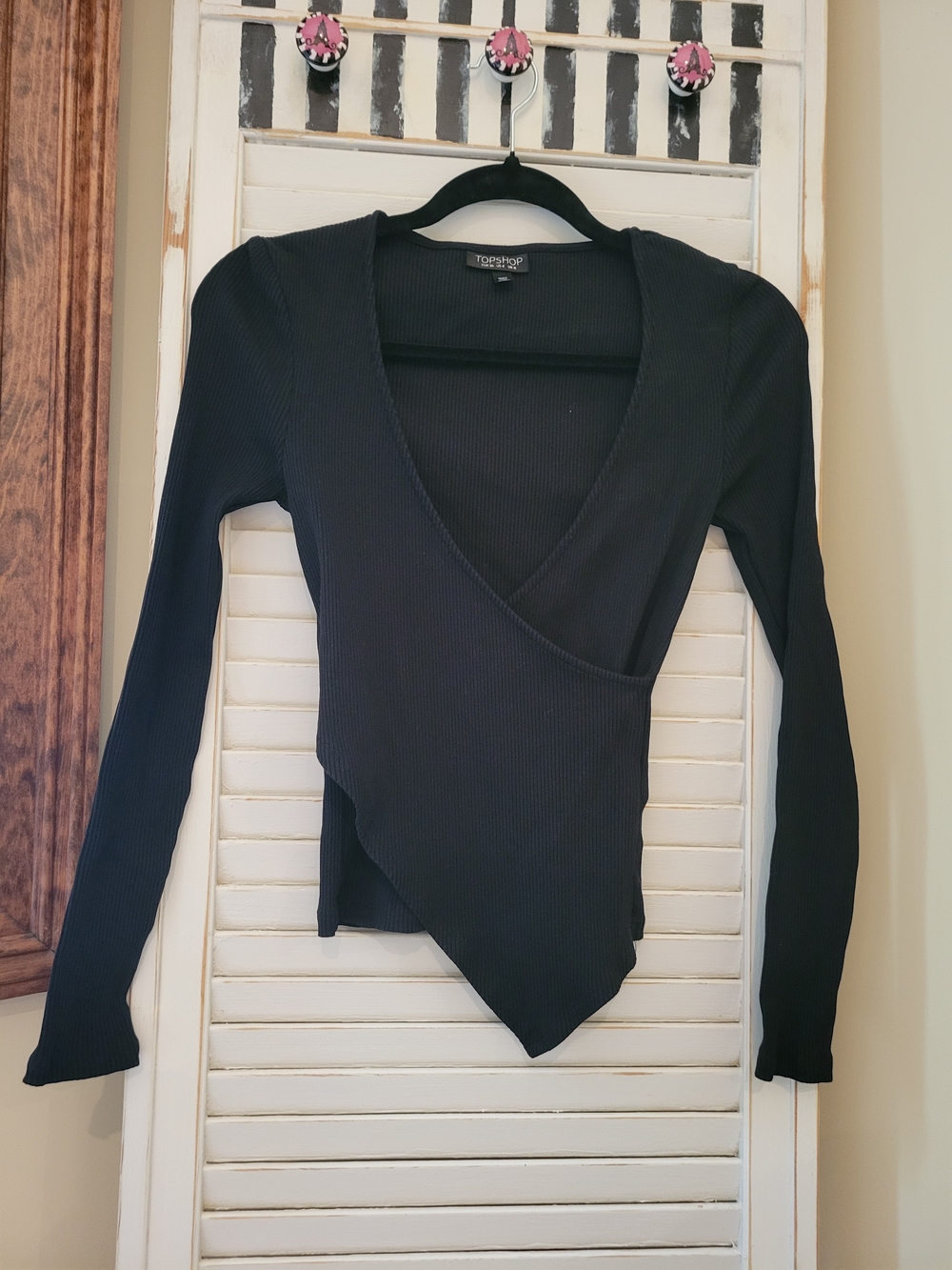 Topshop Black Asymmetric Wrap Ribbed Long-Sleeve Top